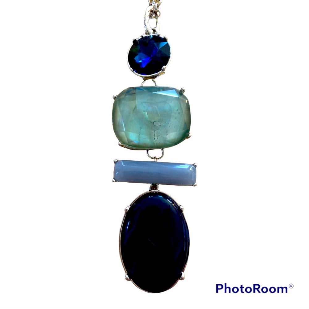 Mobwife Long Blue‎ Faux 4 Gem Stone Silver Dangle Necklace